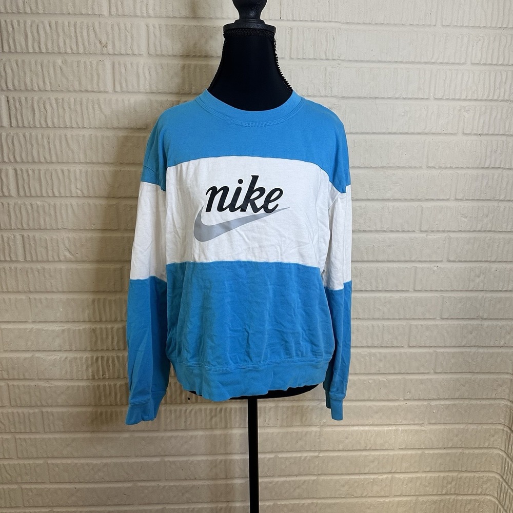 Nike‎ Womens LS Shirt Sz L Blue White Colorblock Logo VTG Y2K Oversized School